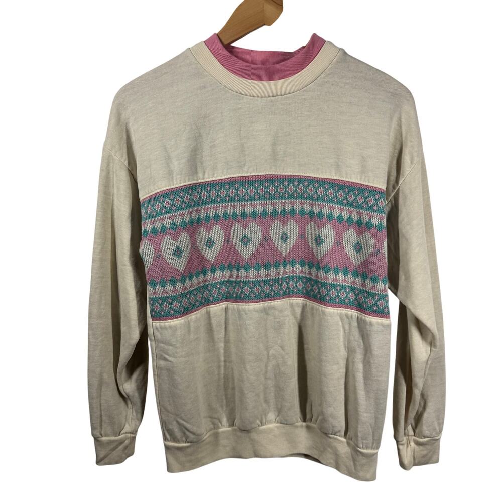 Vintage Land'n Sea Sweater Women M Pink Blue Mock Neck Heart Pullover Cottagecor
